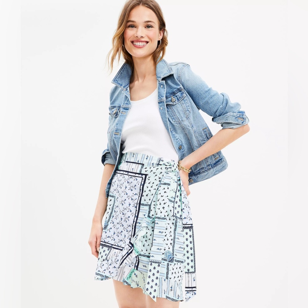NWT LOFT Pattern Wrap Skirt Size 12 Mini Cotton Rayon Floral Patchwork